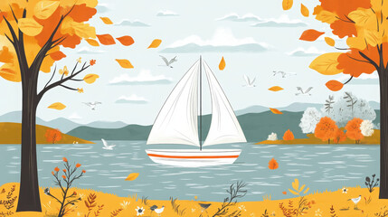 A serene autumn landscape featuring a sailboat on a lake surrounded by colorful trees.