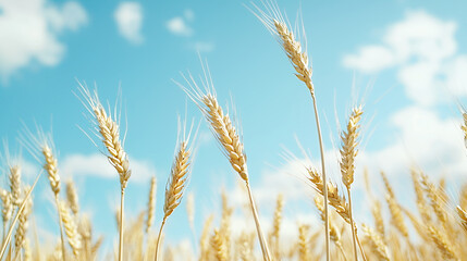 Golden wheat sways gently under bright blue sky, creating serene and peaceful landscape that evokes feelings of abundance and nature beauty