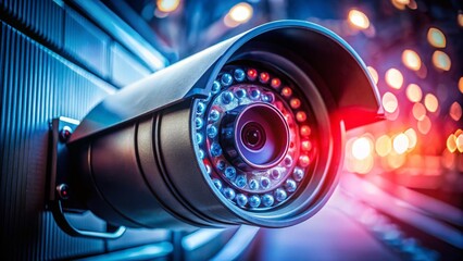 Security Sentinel: A Close-up View of a Modern Surveillance Camera, safeguarding urban spaces and monitoring activities with advanced technology.