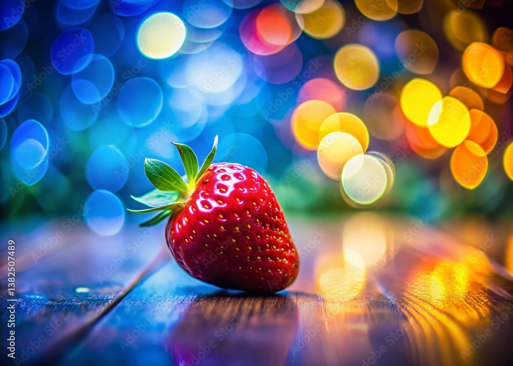 Aufkleber strawberry on a textured surface: a single, vibrant strawberry, rests gently on a rough wooden surfa