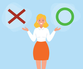 blonde haired woman comparing between right and wrong. right and wrong choice. choosing the answer between right and wrong