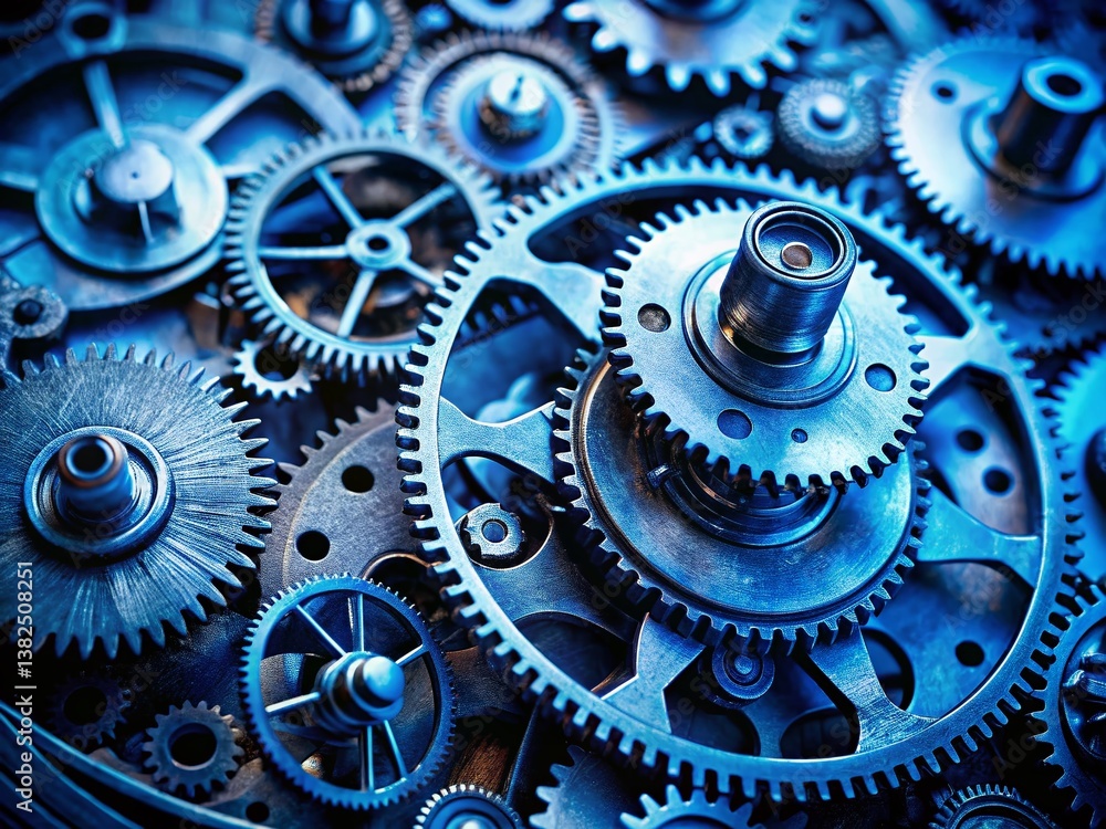 Poster mechanical harmony: an intricate arrangement of interlocking gears, showcasing precision engineering