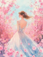 watercolor painting woman floral dress cherry blossoms sunlight impressionist pastel colors elegance beauty love