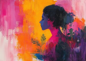 Obraz premium Abstract Female Figure with Bold Colors and Botanical Elements Oil Painting