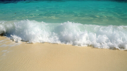 A serene beach scene with gentle waves lapping against soft, sandy shores.