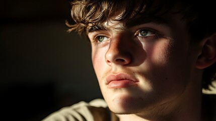 Pensive teenage boy, indoor sunlight, thoughtful expression,  background dark