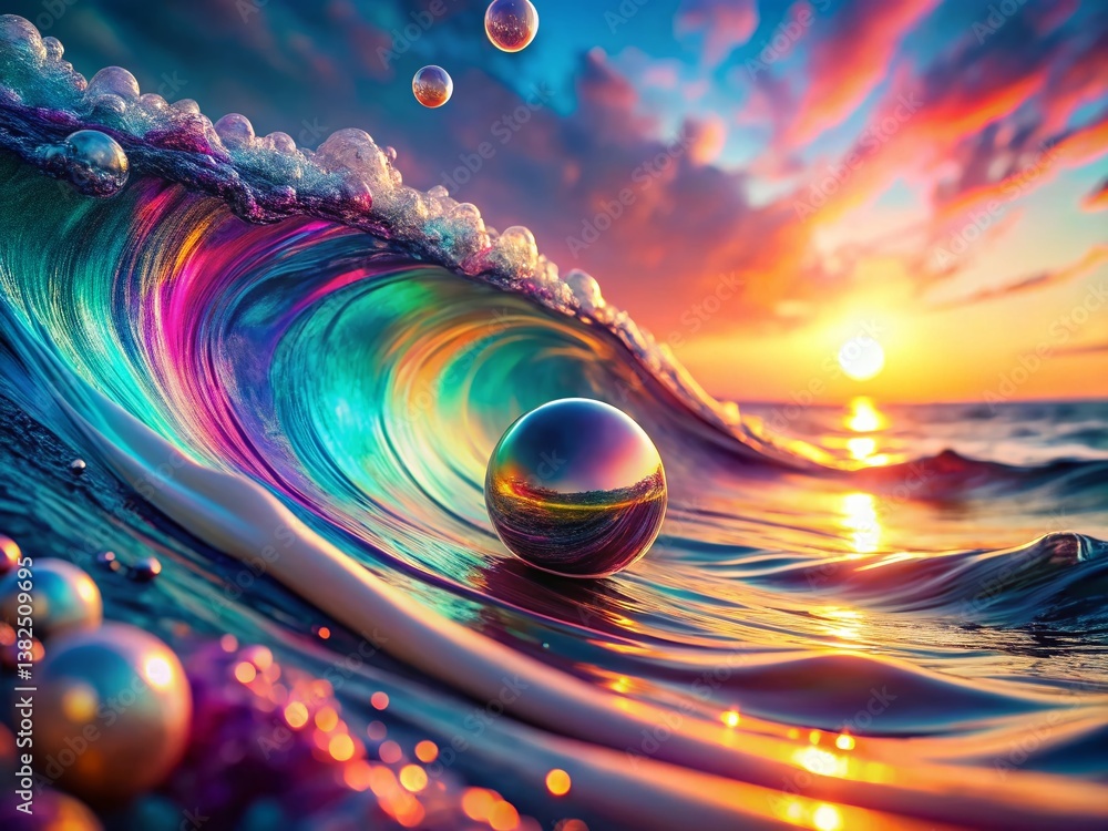 Aufkleber celestial wave: an ethereal composition showcasing a captivating ocean wave with a spherical object 