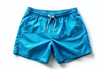 Stylish Teal Swim Trunks: A close-up studio shot showcases a pair of vibrant teal swim trunks, perfectly tailored with a comfortable drawstring, ready for a day of fun in the sun.