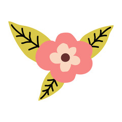 Bright floral design featuring a pink flower with green leaves and dark outlines in a modern style perfect for decorative purposes