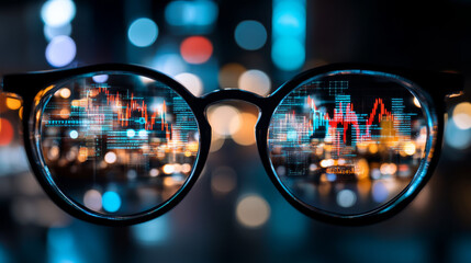 Glasses with digital data visualization, reflecting graphs and charts, symbolizing technology and finance in modern urban setting