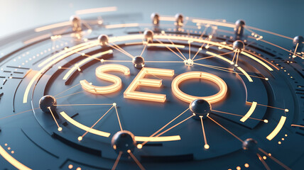 Futuristic SEO Concept with Glowing Nodes and Connections, Representing Digital Connectivity and Optimization
