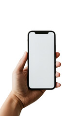 A hand holding an iPhone with a blank screen against a transparent background mockup template.