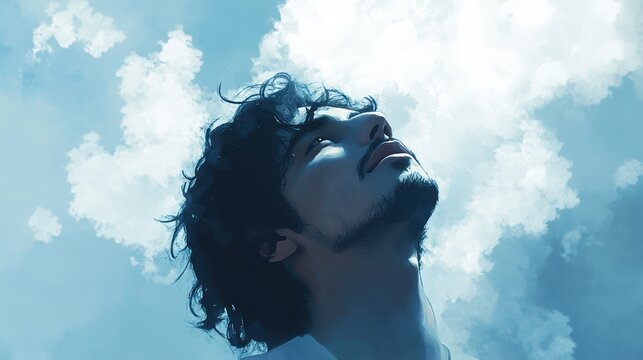 Man looking up at ethereal clouds