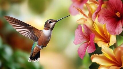 Fototapeta premium A hummingbird hovers in front of bright tropical flowers, its iridescent feathers shimmering in the sunlight. The macro details reveal exquisite wing patterns and vibrant colors