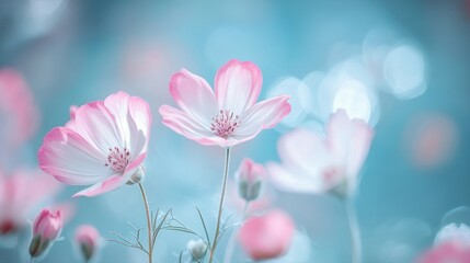 Delicate pink cosmos flowers in soft pastel colors