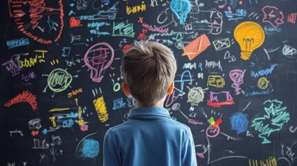 Child facing chalkboard of ideas.