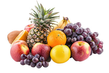 A pile of fresh fruits such as apples, oranges and grapes with pineapples on top isolated on white background PNG