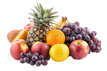 A pile of fresh fruits such as apples, oranges and grapes with pineapples on top isolated on white background PNG