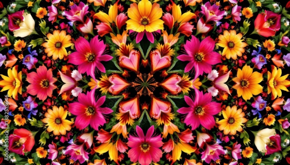 Poster nature's kaleidoscope a mosaic of various flowers arranged in a kaleidoscopic pattern, creating a vi