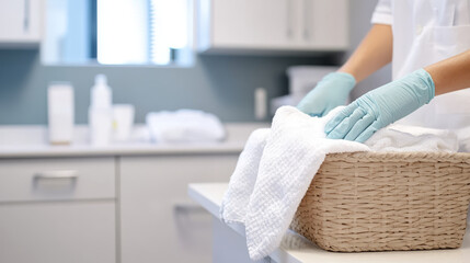healthcare professional wearing gloves organizes clean towels in basket in clinical setting, emphasizing hygiene and care