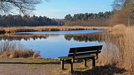A serene lakeside view with a bench surrounded by tall grasses and trees.