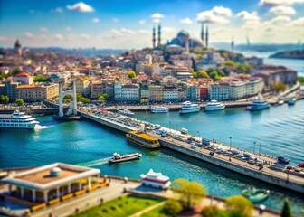 Obraz premium Istanbul Skyline: A breathtaking cityscape view of Istanbul unfolds, with a bridge connecting the historic district, a prominent mosque, and picturesque buildings lining the harbor.