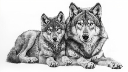 Two wolves resting together, black and white pencil sketch with expressive detail and bond