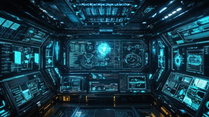 Obraz premium Futuristic Spaceship Bridge: Advanced Technology and Digital Interface
