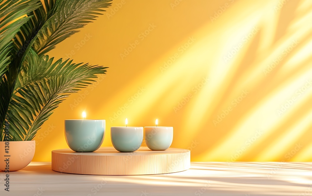 Poster 3d rendering of a yellow background with a podium and geometric elements