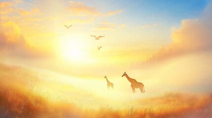 Giraffes stand in grassland as dawn breaks, mist rising, birds flying in a serene nature scene