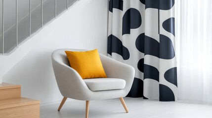 interior design themes, bold patterned curtains add a striking touch to a modern, open-plan living space with neutral tones and contemporary furnishings