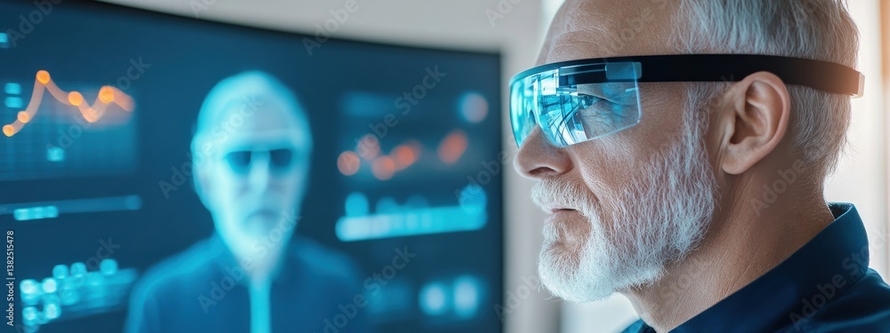 Aufkleber senior man using augmented reality glasses for data visualization