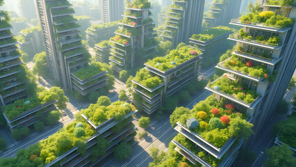 Obraz premium Green Rooftop Building with Trees and Gardens, Blending Nature into City Life. Ideal for Sustainable Architecture, Urban Planning, and Eco-Friendly Living Themes, Promoting Green Spaces and Earth Day.
