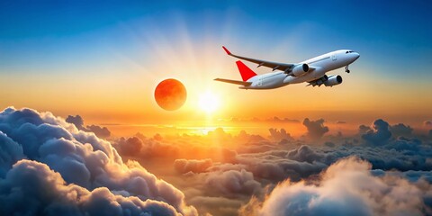 Soaring Through the Skies: A passenger airplane takes flight amidst a stunning sunrise over a sea of clouds. The majestic scene captures the essence of travel and adventure.