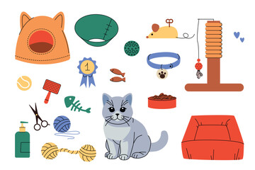 Illustration of a gray cat surrounded by pet essentials including scratching post, toys, grooming tools, food, beds, and collar. Concept for cat care, pet supplies, and feline accessories. Vector