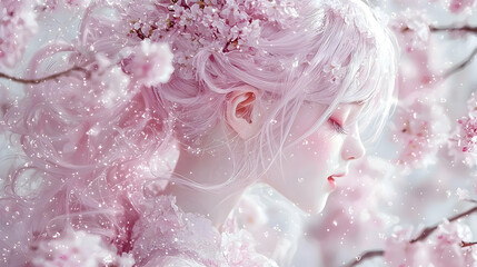 Dreamy Girl Surrounded by Pink Cherry Blossoms and Sparkles