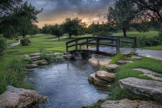 Leander Tx. Summer Evening at Golf Course: Cart Crossing Stream under Sky in Natural Landscape