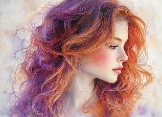 Fototapeta premium Curly Hair Watercolor Painting African American Woman Beautiful Portrait Fashion Model Glamorous Style