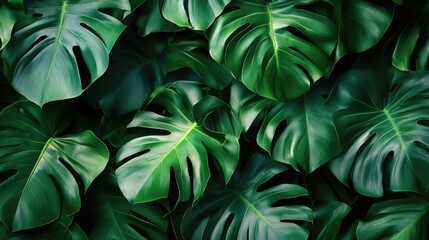 Leaves Background. Monstera Botany: Fresh Green Foliage of Exotic Plant