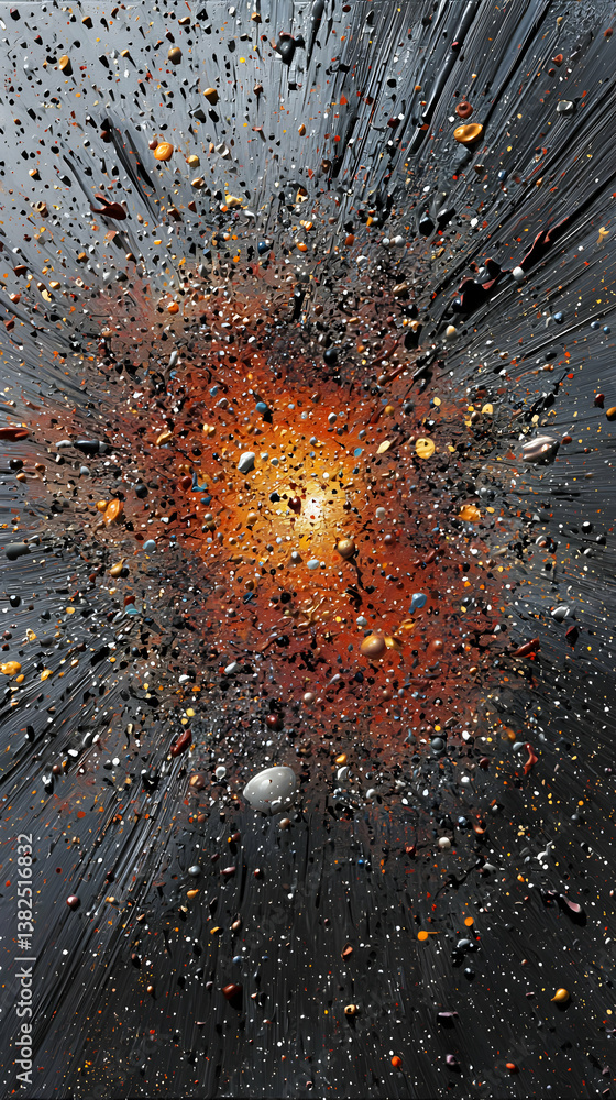Poster cosmic explosion: abstract space art with orange and red particles