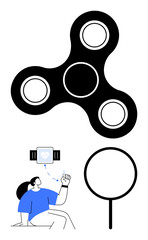 Fidget spinner, person checking smartwatch, magnifying glass. Ideal for stress relief, focus, habits, mindfulness, health tracking relaxation productivity. Flat simple metaphor