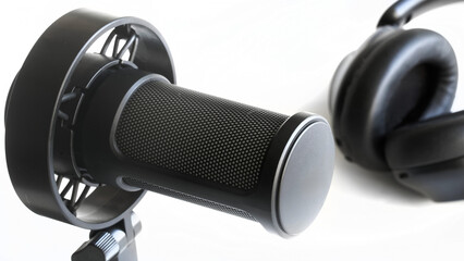 A close-up of a black microphone with headphones in the background, ideal for audio recordings or...