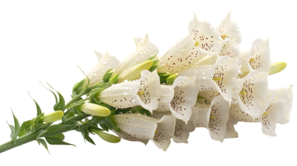 Close up of a foxglove flower stem with white petals and water droplets
