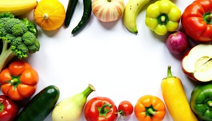 Variety of organic fruits and vegetables on white, simple, plant based, farm