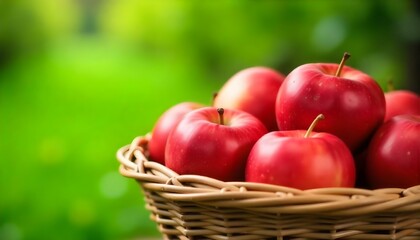 A close-up shot features a woven basket filled to the brim with ripe, red apples, set against a blurred green background