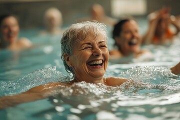 Obraz premium Joyful moments shared among friends during an energetic aqua aerobics class at a luxury spa in a serene pool setting