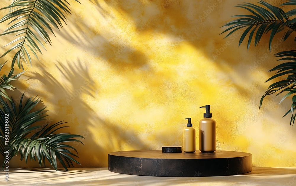 Aufkleber 3d rendering of a yellow background with a podium and geometric elements
