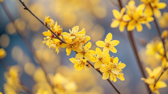 Lindera Benzoin: Yellow Wildflower Closeup on Northern Spring Tree Branch