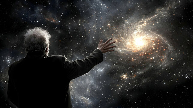 Elderly Man Reaching Towards a Bright Spiral Galaxy in a Dark Night Sky