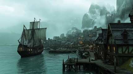 Obraz premium Epic fantasy scene with misty medieval coastal village. Weathered wooden docks stretch into the water, lined with large, intricately detailed sailing ships and smaller fishing boats.